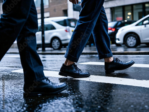 people Crossing the Zebra Stripes for work after the rain,Urban Pedestrian Motion.Walking Over Crosswalk.time concept