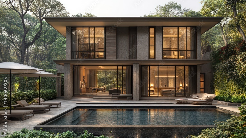 Modern house with pool surrounded by lush greenery and outdoor furniture. Modern house with pool surrounded by lush greenery and outdoor furniture.