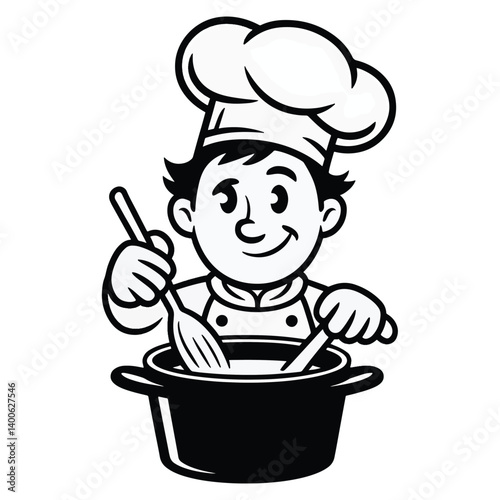 Cartoon chef stirring pot with wooden spoons, black and white cooking