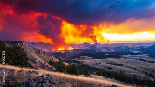 Dramatic Wildfire Spreading Across a Mountainous Landscape at Sunset