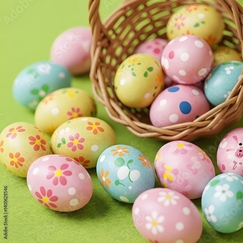 Colorful decorated Easter eggs placed near a wicker basket on a green surface, embodying the festive and joyful vibe of Easter celebrations