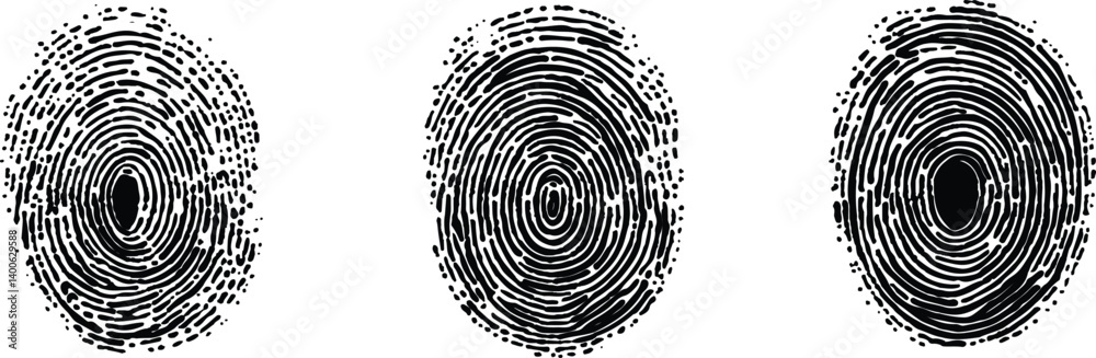 Fototapeta premium Three different fingerprints are shown, each with a different pattern on white background. Black and white fingerprint on isolated background, vector illustration, high resolution photography,