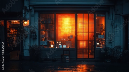 Building facade with large windows glows orange in the dark wet street.