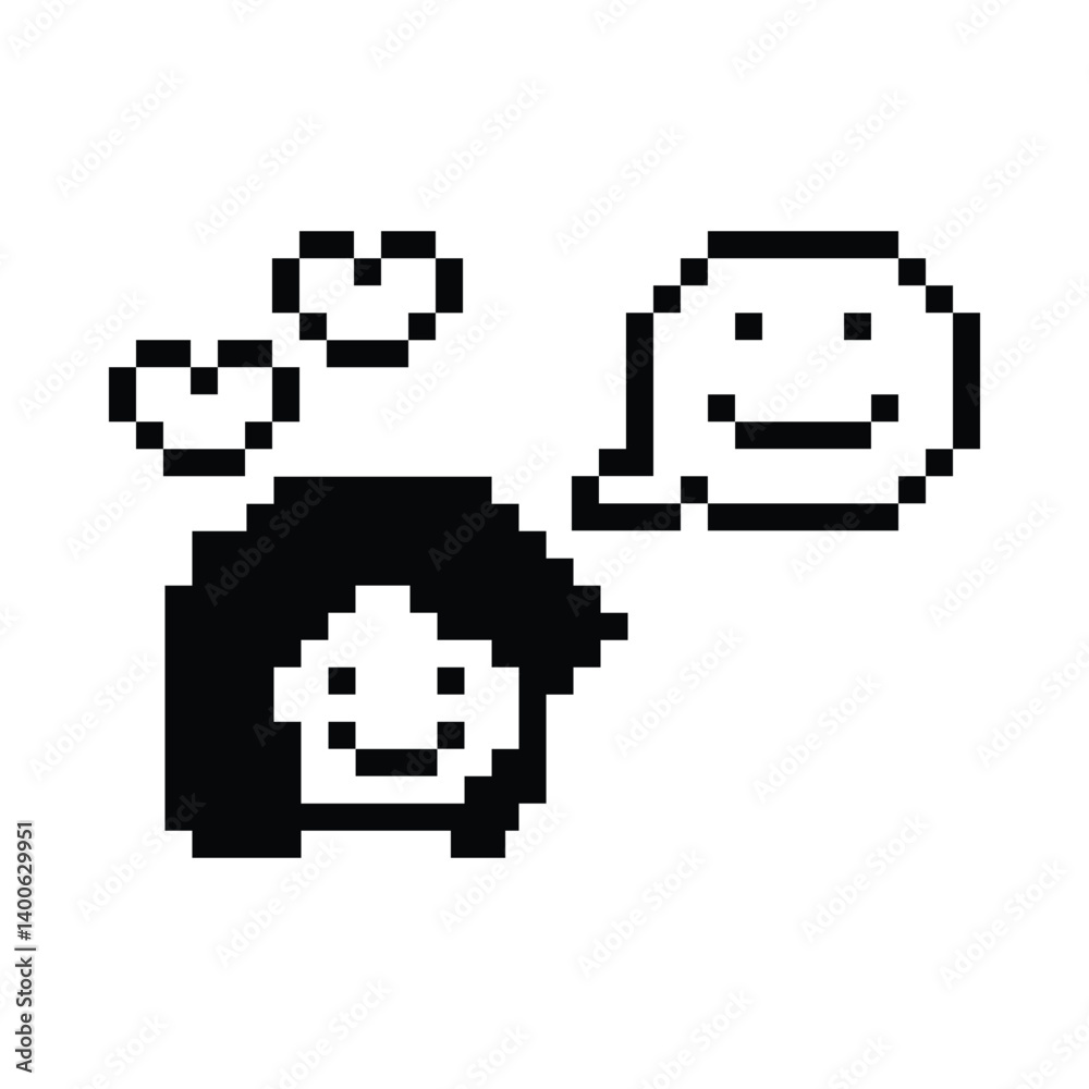 Obraz premium Cute pixel cartoon 8bit character woman lady feel love happy happiness heart emotion decoration in love 8 bit female girl happy favorite like mood game isolated PNG vector.