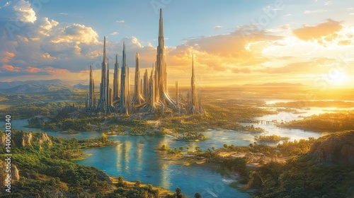 Futuristic city skyline with tall towers water and landscape under a bright sky.