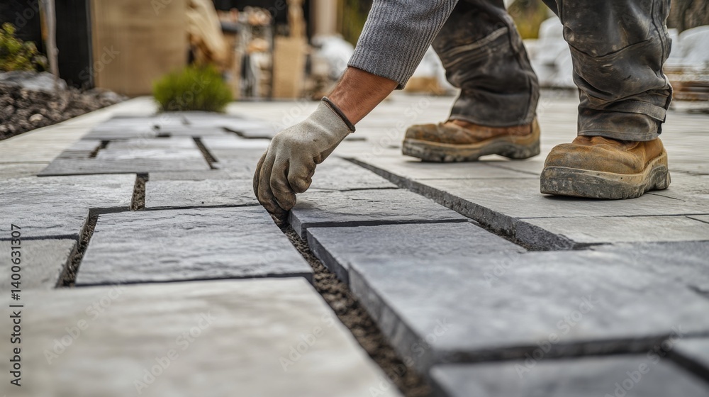 Landscaper installing large stone pavers in an outdoor plaza. Featuring precision and aesthetic design Landscaper installing large stone pavers in an outdoor plaza. Featuring precision and aesthetic design