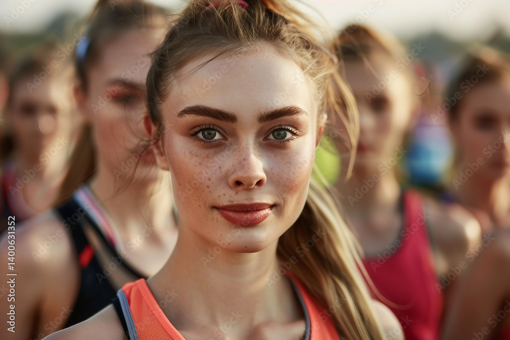 Fototapeta premium Focused female athlete in marathon race wearing orange sportswear with determined expression, generative ai