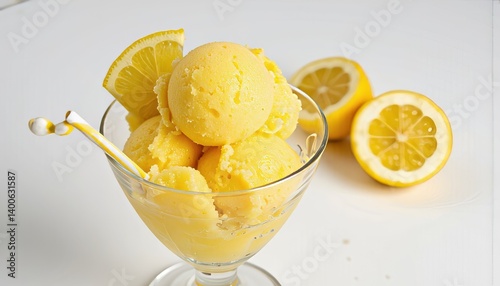 Lemon sorbet served in a glass with lemon slices on a white background  