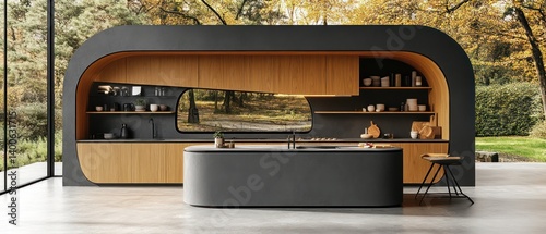 Modern kitchen design with curved island and cabinetry in a light-filled space.