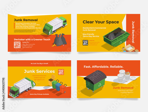 Junk removal business cards featuring eco-friendly services and same-day pickup options for efficient decluttering