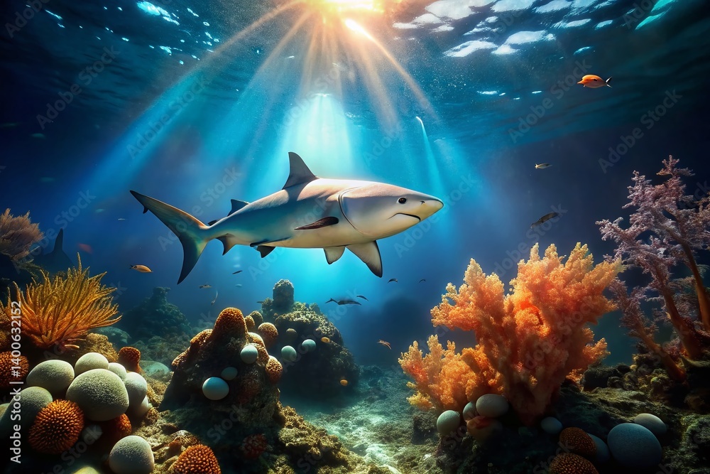 Fototapeta premium Blacktip Reef Shark Candid Underwater Photo - Graceful Oceanic Predator