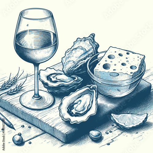 Oyster shell, wine glass, and slice of cheese in hand-drawn vintage sketch style on a white background for a summer picnic by the sea 