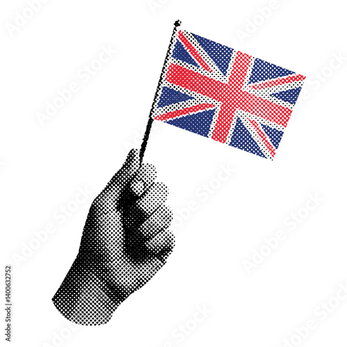 hand holding a little Union Jack flag, United Kingdom, retro halftone effect, vintage photocopy illustration