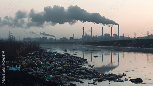 Factory with smokestaks pumping smoke pollution emissions into air lack of environmental concern environment at sunset	
