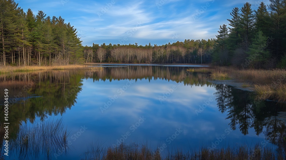Serene Lake Reflection: Tranquil Autumnal Forest Scene Serene Lake Reflection: Tranquil Autumnal Forest Scene