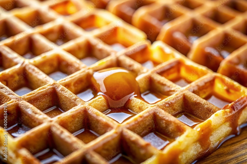 Belgian Waffle Texture: Honey & Maple Syrup Macro Close-Up Belgian Waffle Texture: Honey & Maple Syrup Macro Close-Up