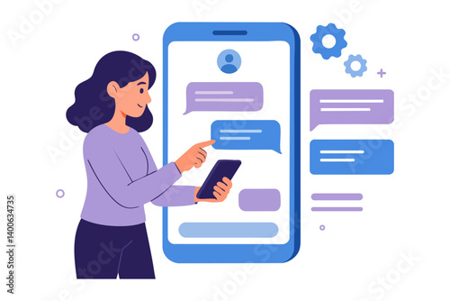 Woman interacting with chat interface on large smartphone