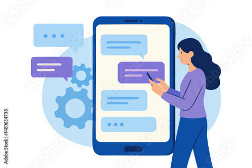 Woman using smartphone with speech bubbles and gear icons