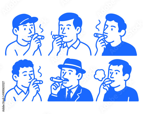 man smoking cigar doodle cartoon drawing vector illustration set with Varied Poses and Expressions

