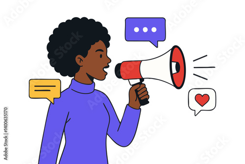 Woman shouting into megaphone, communication concept