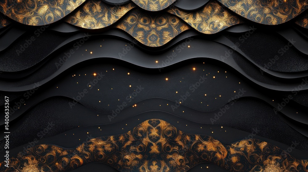 intricate black and gold wave pattern evokes depth and luxury a decorative background with shimmering accents creates a rich and elegant texture