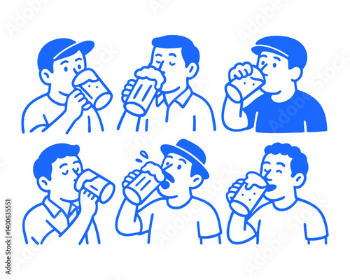 man drink beer doodle cartoon drawing vector illustration set with Varied Poses and Expressions
