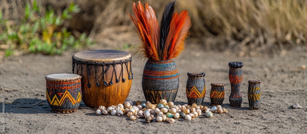 African tribal drums and artifacts on the ground