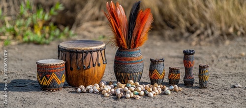 Obraz na płótnie African tribal drums and artifacts on the ground w salonie