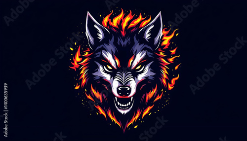 an illustration of a wolf head esports logo with fire and flames