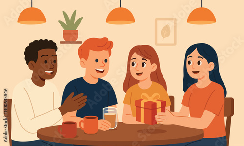 Illustration of a friendly gathering in a café. Four young people — two boys and two girls — sit around a round wooden table, drinking coffee and exchanging a gift.