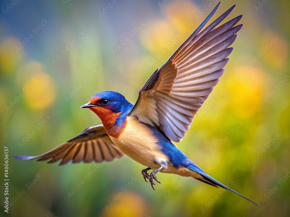 Fototapeta premium Barn Swallow in Flight: Side View, Spread Wings, Nature Photography