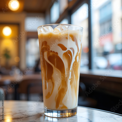 Wallpaper Mural Iced Caramel Macchiato in a Cafe.Close-up of a beautiful iced caramel macchiato with swirled caramel and milk, sitting on a marble table in a coffee shop. Torontodigital.ca