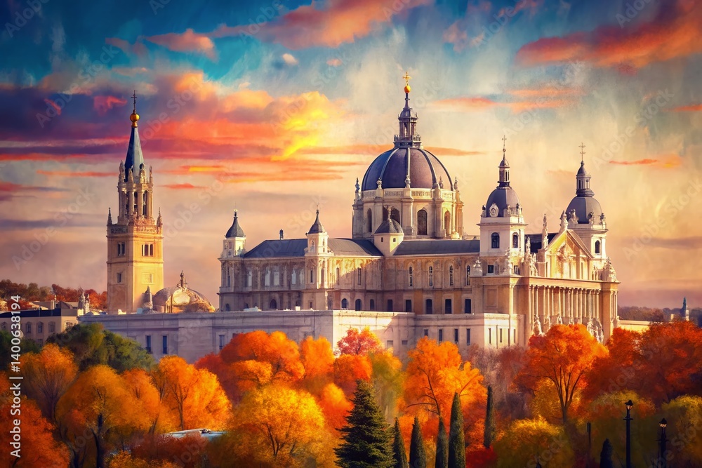 Obraz premium Autumnal Almudena Cathedral, Madrid: Candid Photography of Majestic Spanish Architecture