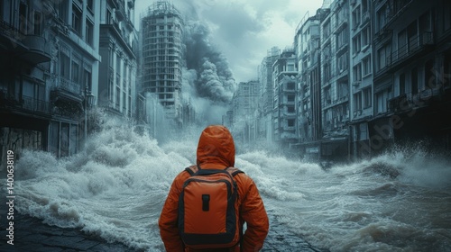 Post-Apocalyptic Cityscape: A lone figure confronts a flooded city, facing a bleak future amidst the ruins.  The image evokes feelings of desolation and uncertainty.