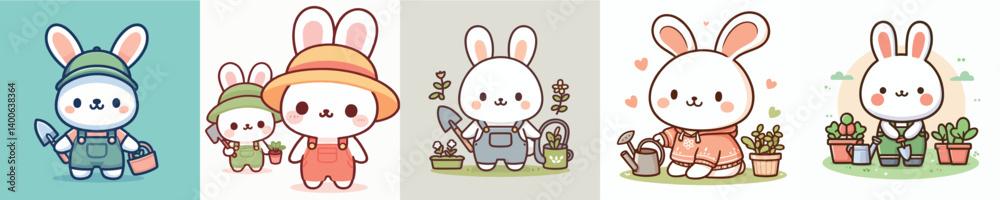 Naklejka premium cute vector collection of rabbits gardening