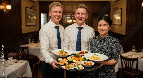 Obraz na płótnie Smiling Restaurant Staff Presenting Delicious Food - Three happy waiters, showcasing a variety of restaurant dishes, teamwork, culinary excellence, service, hospitality w salonie