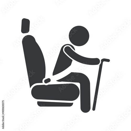Isolated pictogram elderly or old people on car seat with seatbelt, symbolizing priority passanger 