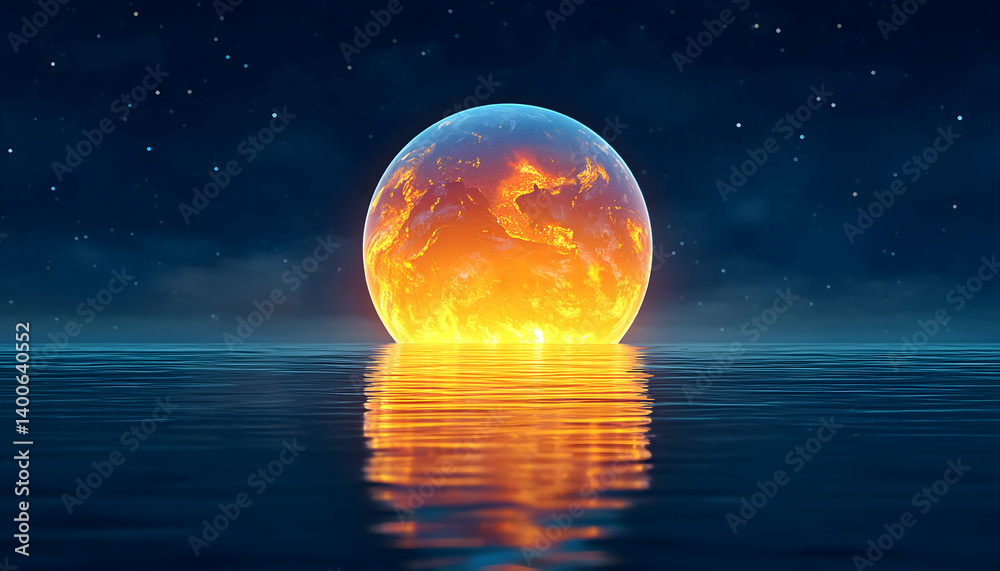 Burning planet rising from dark ocean, reflected in water under starry night sky Burning planet rising from dark ocean, reflected in water under starry night sky