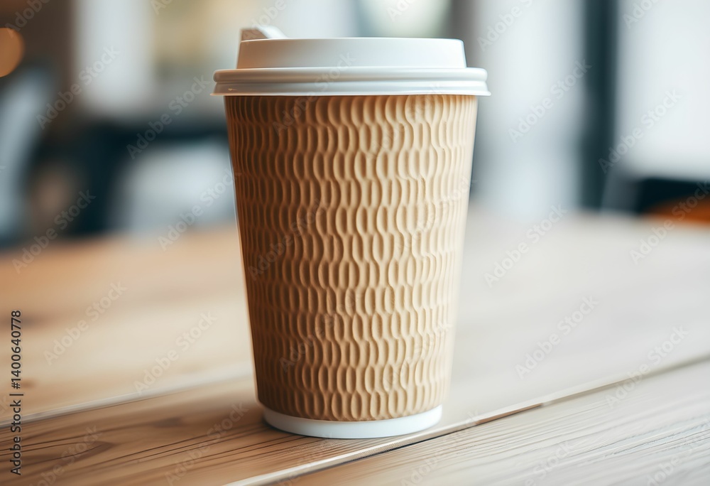Coffee cup, textured cardboard sleeve, white plastic lid, wooden table surface, soft focus background, natural lighting, closeup shot, minimalist composition, warm tones, cafe ambiance Coffee cup, textured cardboard sleeve, white plastic lid, wooden table surface, soft focus background, natural lighting, closeup shot, minimalist composition, warm tones, cafe ambiance