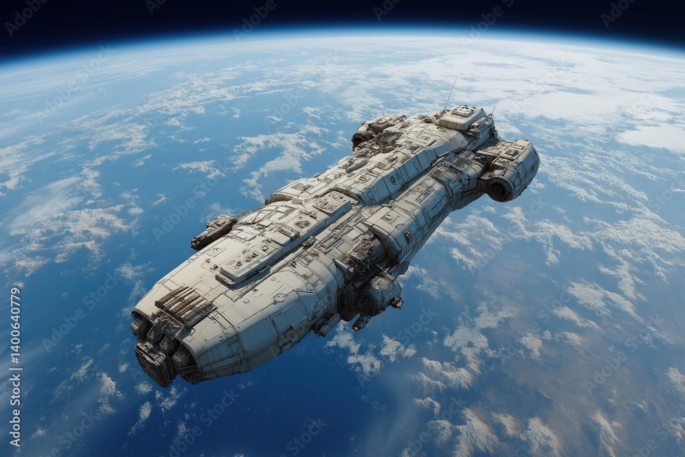 Fototapeta premium Futuristic Spaceship Soars Above Planet in a Vast Starry Cosmic Expanse