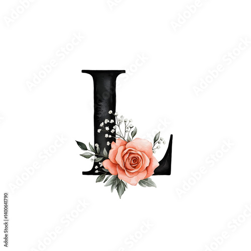 Elegant Watercolor Letter L with Peach Rose and Baby’s Breath for Floral Monogram and Wedding Design