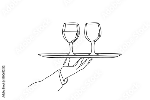 one line drawing of waiter holding order glass wine on the tray for customer, vector 