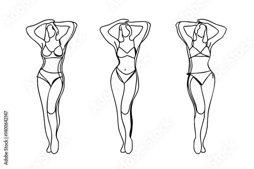 one line drawing of Woman Body  Figure, wearing bikini, vector illustrations 