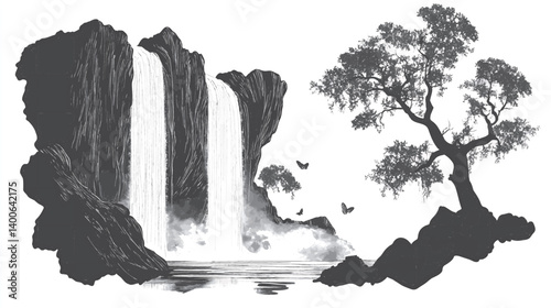 grayscale ink wash painting depicts a majestic waterfall cascading between rocky cliffs complemented by a solitary tree and delicate butterflies Tranquil and serene