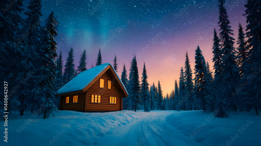 Naklejka premium Cozy cabin nestled in snowy forest under aurora borealis