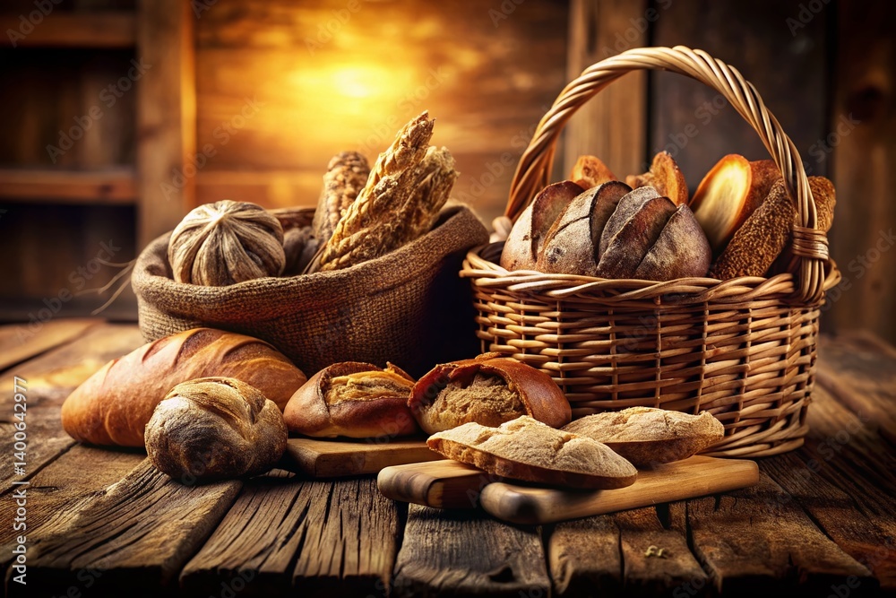 Artisan Breads: A Macro Photography Collection of Rustic Breads in a Basket and on a Wooden Table Artisan Breads: A Macro Photography Collection of Rustic Breads in a Basket and on a Wooden Table