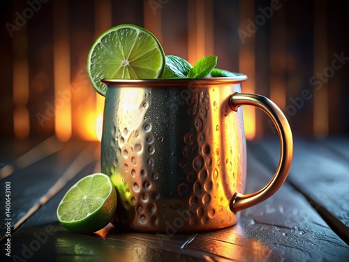 Art Nouveau Copper Mug with Lime, 3D Rendered Night Photography