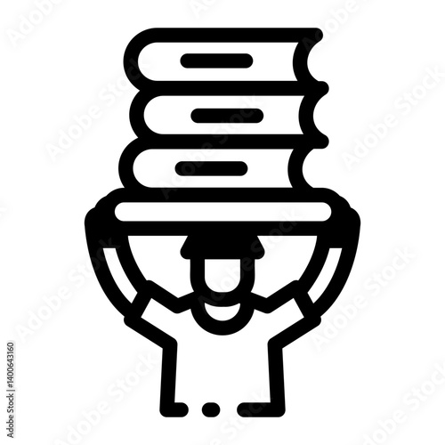 A student balancing books on his head, line icon 
