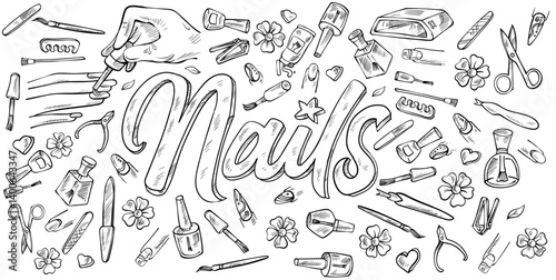 Nails  Doodle Line Art Illustration. Hand Drawn Vector. background Banner Set elements