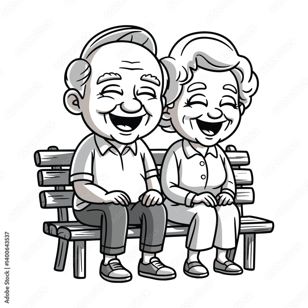 Happy elderly couple sitting on bench, black and white cartoon illustration of joyful seniors Happy elderly couple sitting on bench, black and white cartoon illustration of joyful seniors